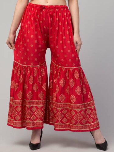 Women Flared Red Viscose Rayon Trousers